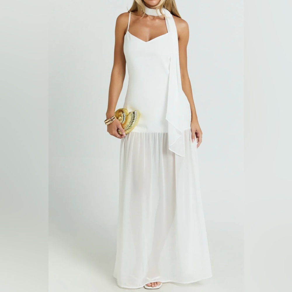 Showpo White Linen Maxi Dress with Neck Scarf
